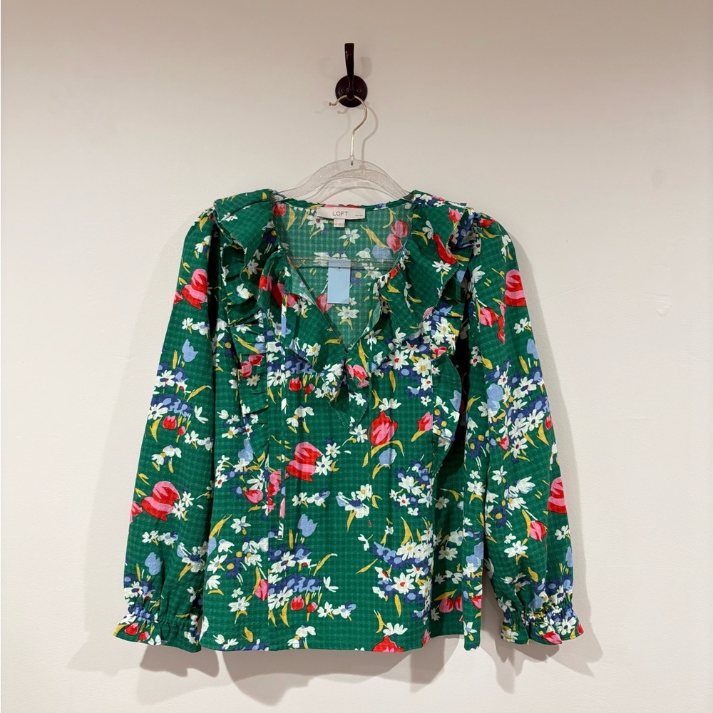 Loft Floral Green Ruffle Blouse - Picture 3 of 8
